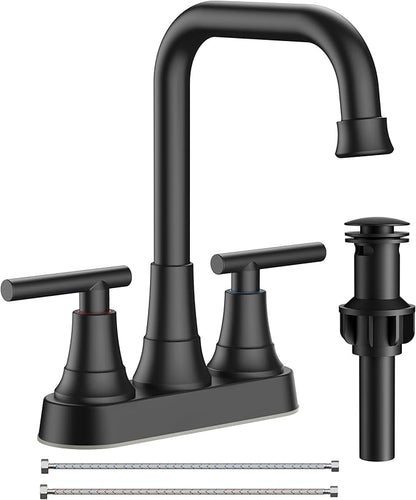 FORIOUS RV Bathroom Sink Faucet 2 or 3 Hole Matte Black, 4 Inch Cenerset Bathroom Faucet with Pop-up Drain for Vanity Restroom and Supply Lines, 2-Handle Design