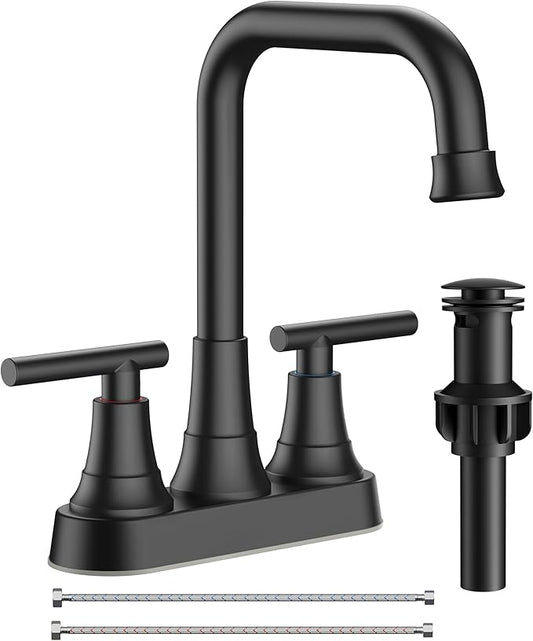 FORIOUS RV Bathroom Sink Faucet 2 or 3 Hole Matte Black, 4 Inch Cenerset Bathroom Faucet with Pop-up Drain for Vanity Restroom and Supply Lines, 2-Handle Design