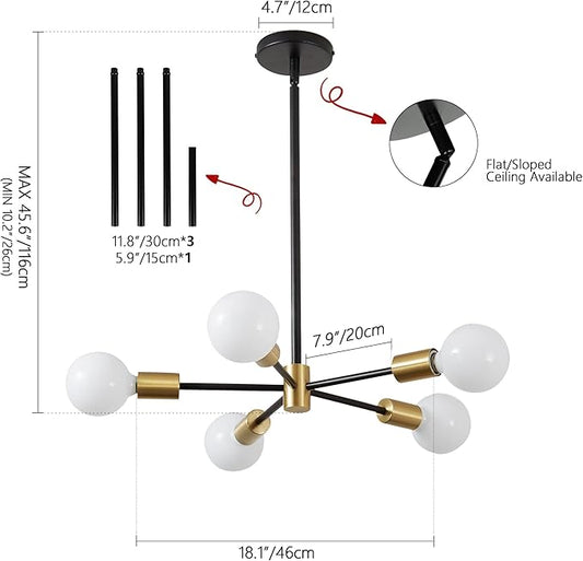 KAISITE Sputnik Chandelier Light Fixture - Modern 5-Light Sputnik Ceiling Light Height Adjustable Gold and Black Hanging Pendant Lighting for Living Room Kitchen Bedroom Hallway Farmhouse