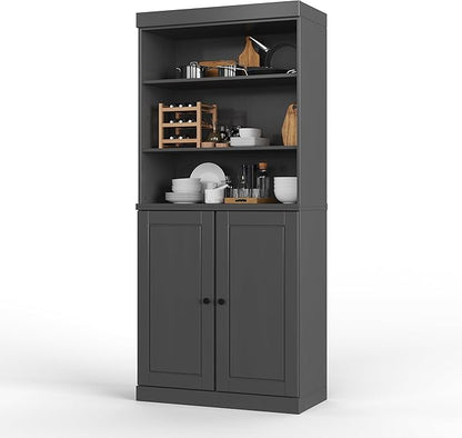 Palace Imports 100% Solid Wood Kitchen Pantry w/ 2 Wood Doors, Gray, 32" w x 71.5" h, Renewable Eco-Friendly Pine, Made in Brazil