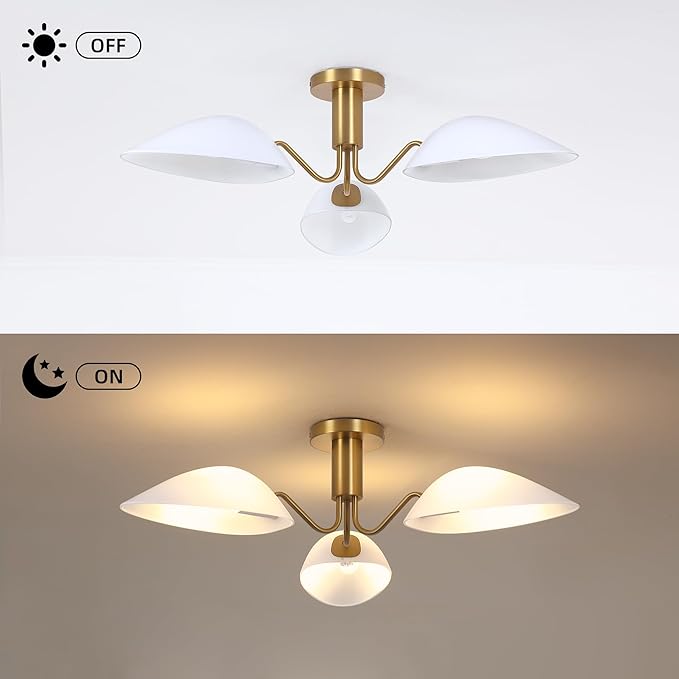 MEXO Modern Gold 3-Light Ceiling Light with Opal White Glass Shade Semi Flush Mount Ceiling Light for Living Room Hallway Sputnik Chandelier Lighting Fixture