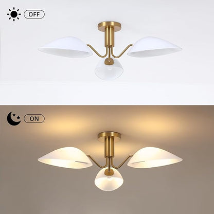 MEXO Modern Gold 3-Light Ceiling Light with Opal White Glass Shade Semi Flush Mount Ceiling Light for Living Room Hallway Sputnik Chandelier Lighting Fixture