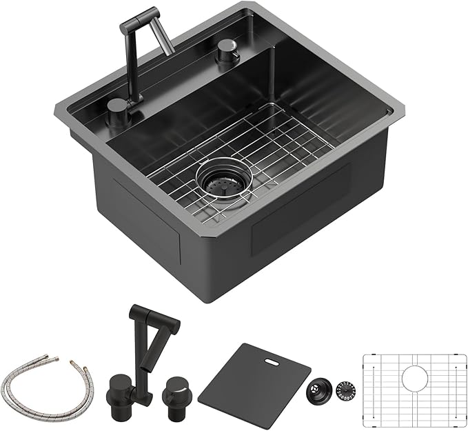 Sarlai Black Undermount Bar Sink With Foldable Faucet - 21x19 Inch Outdoor Black Kitchen Sink RV Workstation 16 Gauge Stainless Steel Single Bowl Handmade Outdoor BBQ Sinks with Lid