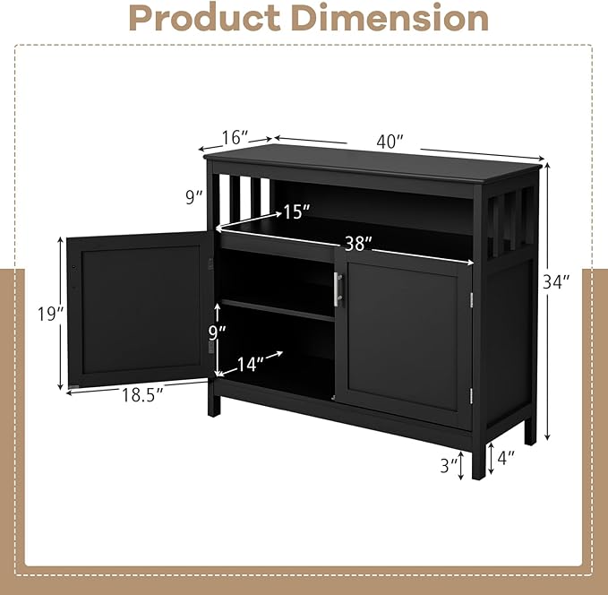 HAPPYGRILL Kitchen Buffet with Storage, Wooden Sideboard Storage Cupboard w/5-Position Adjustable Shelf, 2 Door and Large Tabletop, Buffet Server Cabinet Console Table for Entryway Dinging Room, Black