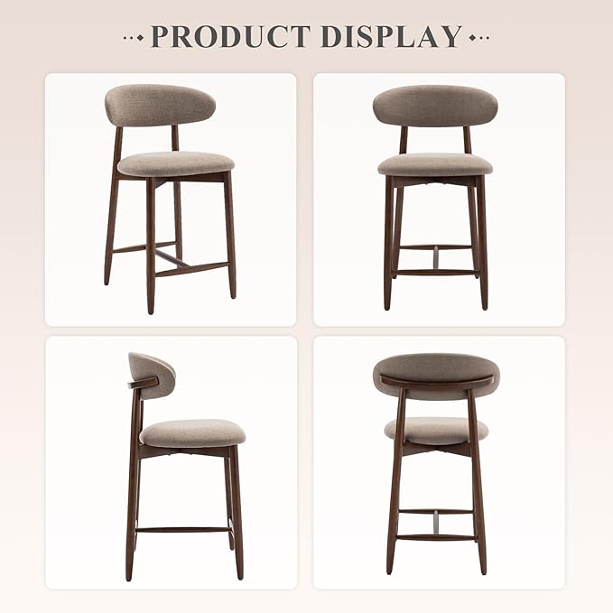 COLAMY Counter Height Bar Stools Set of 3, Kitchen Bar Stools with Back, Mid Century Modern Upholstered, with Wood Legs for Kitchen Island Dining Room, Camel