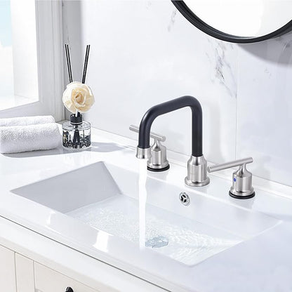 WOWOW 3 Hole Bathroom Faucet Widespread Bathroom Sink Faucet 8 inch, 3 Piece Vanity Tap with Drain, Brushed Nickel and Matte Black Tall Basin Tap 2 Handle