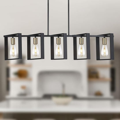 9MMML 41.5" Mid Century Dining Room Chandelier, Black and Gold Wood Pendant Light, Height Adjustable 5 Lights Fixtures for Kitchen Island Hallway Pool Table