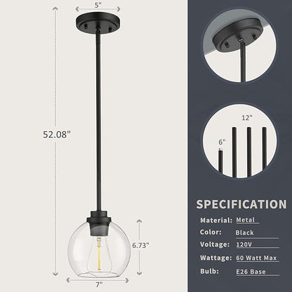 Globe Pendant Light – 7 Inch Clear Glass Modern Hanging Fixture, Black Finish Adjustable Height & Sloped Ceiling Compatible for Kitchen Island Dining Room Bedroom Hallway Farmhouse, 1 Pack