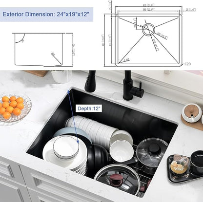 Black Stainless Steel Undermount Laundry Sink-Hovheir 24x19x12 Deep Undermount Stainless Steel Utility Sink Matte Black 16 Gauge Single Bowl Laundry Room Sinks Outdoor