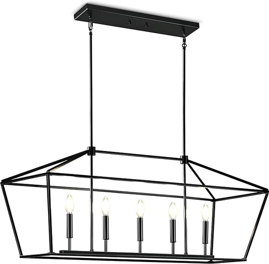 MantoLite Farmhouse Chandelier 5-Lights Black Kitchen Island Dinning Light Fixtures Industrial Height Adjustable Hanging Pendant Lighting Metal E12 Rustic Chandeliers for Dinning Room（No Bulbs）