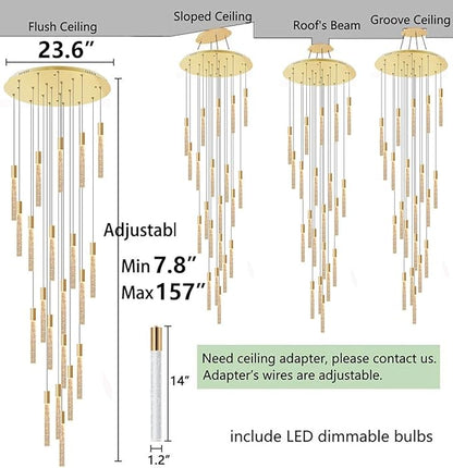 HAIXIANG 13ft Long Crystal Chandelier for Living Room, Dining Room, Entryway, Kitchen, Hotel - Gold
