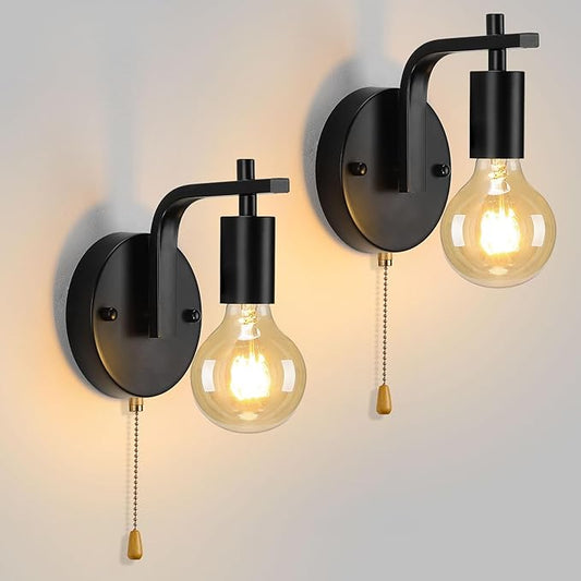 Vintage Pull Chain Wall Lights Set of Two with Switch Wall Lamp,Black Wall Light E26 Industrial Wall Lighting Hard Wired Retro Wall Lights for Bedroom Living Room Kitchen