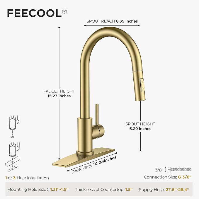 Gold Kitchen Faucet with Pull Down Sprayer, Stainless Steel Kitchen Sink Faucet Classic High Arc Single Handle with Deck Plate for 1 or 3 Hole, Fit for Farmhouse Bar Laundry Camper