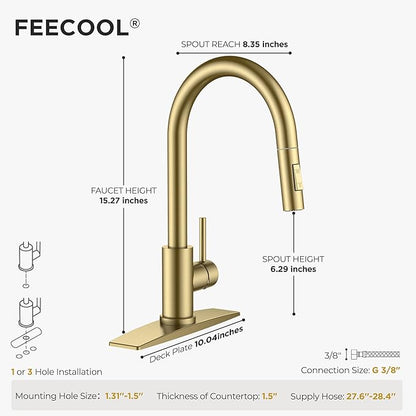 Gold Kitchen Faucet with Pull Down Sprayer, Stainless Steel Kitchen Sink Faucet Classic High Arc Single Handle with Deck Plate for 1 or 3 Hole, Fit for Farmhouse Bar Laundry Camper