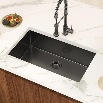 30 Inch Black Undermount Kitchen Sink Single Bowl 18 Guage Stainless Steel 30"x18"x9" Deep Under Counter Kitchen Sinks Basin R10 Round Corners Handmade Sink