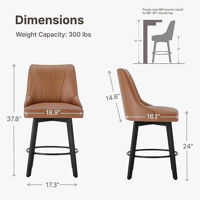 24" Counter Height Bar Stools Set of 4, Swivel Bar Stools with Backs, Faux Leather Upholstered Counter Barstools with Solid Wood Legs for Kitchen Island,Brown