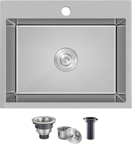 25x22 Inch Drop In Kitchen Sink, 25 Inch Brushed Nickel RV Laundry Utility Sinks, Top Mount 16 Gauge Stainless Steel Small Single Bowl 9 Inch Deep