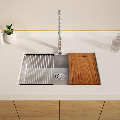 33 x 22 Drop-In/Undermount Kitchen Sink, TECASA Single Bowl Kitchen Sink, 18-Gauge T-304 Stainless Steel Basin with Workstation