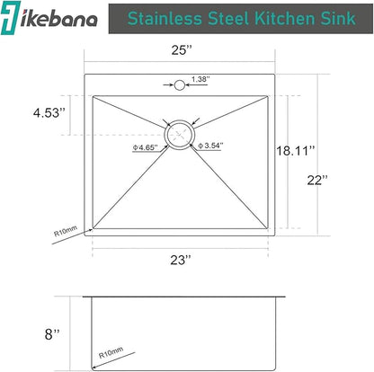IKEBANA 25x22 Inch Brushed Nickel Kitchen Sink Drop in, 16 Gauge Stainless Steel Wet Bar Sink Topmount Single Bowl Small Kitchen Sinks, Outdoor RV Prep Sinks With Dish Grid& Drain