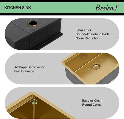 30x19 Undermount Gold Kitchen Sink - Beslend Stainless Steel Ledge Workstation Kitchen Sinks Gold Sink 16 Gauge Single Bowl Undermount Basin