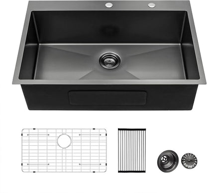 28 Drop Kitchen Sink Black Stainless Steel - Lordear 28x22 inch Gunmetal Black Kitchen Sink Drop In Stainless Steel Sink Single Bowl Gunmetal Black 16 Gauge Topmount Sink Basin