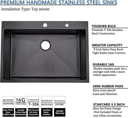 SHACO 30x18 Inch Drop In Black Kitchen Sink, 30 Inch Gunmetal Black Top Mount Single Bowl Commercial Kitchen Sink, Stainless Steel 16 Gauge Handmade Kitchen Sink with Strainer Drain
