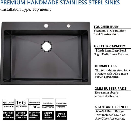 SHACO 30x18 Inch Drop In Black Kitchen Sink, 30 Inch Gunmetal Black Top Mount Single Bowl Commercial Kitchen Sink, Stainless Steel 16 Gauge Handmade Kitchen Sink with Strainer Drain
