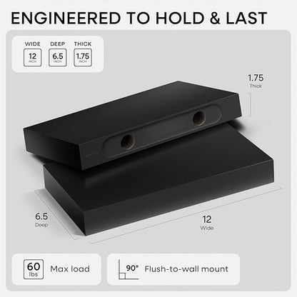 Homeforia Floating Shelf Black 12 inch, High End Solid Real Wood Small 12inch Floating Shelves for Wall Mounted, Black Wooden 12 in Floating Shelves, Heavy Duty Bracket, 12 X 6.5 X 1.75 inch, Set of 4