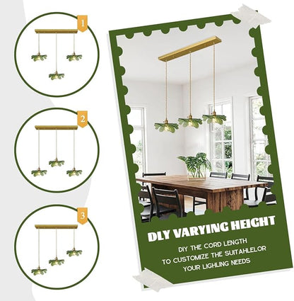 Glass Chandelier for Dining Room Vintage Chandelier Lighting 3-Light Hand Blown Gold Mid Century Modern Pendant Light with Green Glass Shade for Kitchen Island Bedroom Living Room