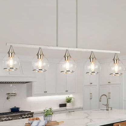 Island Light for Kitchen, 5-Light Brushed Nickel Kitchen Island Linear Hanging Pendant Chandeliers, Brushed Nickel Dining Room Light Fixture Over Table with Clear Round Glass Shades
