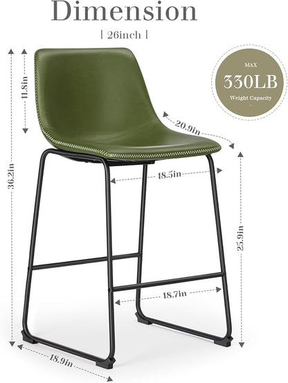 DUMOS 26 Inch Counter Height Bar Stools Set of 2, Modern Faux Leather High Barstools with Back and Metal Leg, Bar Chairs for Kitchen Island, Green