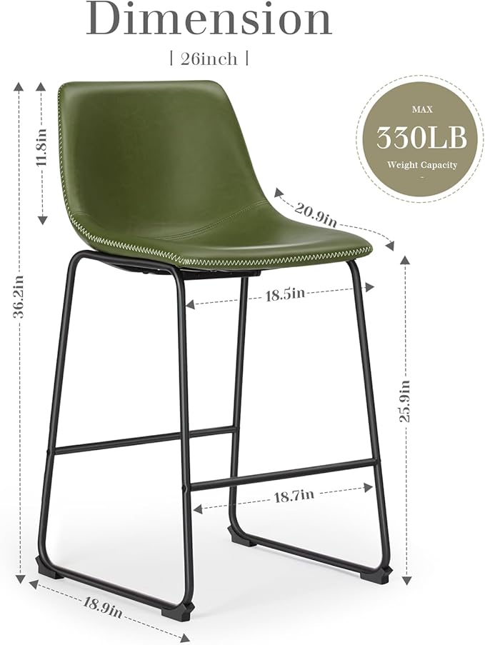 DUMOS 26 Inch Counter Height Bar Stools Set of 4, Modern Faux Leather High Barstools with Back and Metal Leg, Bar Chairs for Kitchen Island, Green