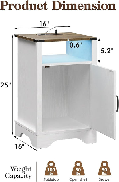 RoyalCraft 25" Tall LED Nightstands with Charging Station, Farmhouse Nightstand for Bedroom, Wooden Rustic Side Table, White End Table with Storage, White and Rustic Oak