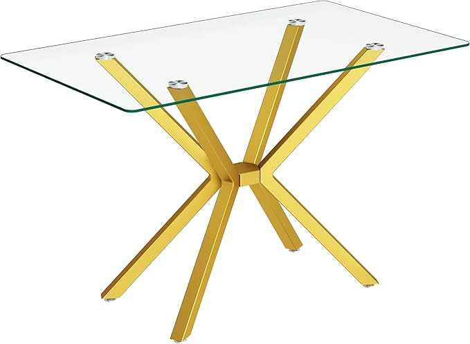 47-Inch Modern Dining Table for 4 - Small Gold Kitchen Table With 0.32" Rectangular Tempered Glass Top and Gold Metal Legs - Clear Glass for Dining Room