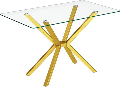 47in Rectangular Glass Dining Table for 4, Save Space Glass Dining Room Table with Gold Metal Legs, Clear Glass Top Kitchen Dining Table Set for 4