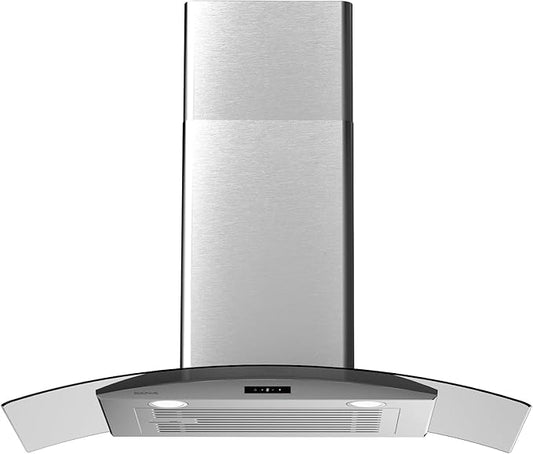 30 Inch Wall Mounted Curved Glass Range Hood with 450 CFM Stainless Steel kitchen Ductless/Ducted Convertible with 3 Speeds Extract Fan & Touch Control
