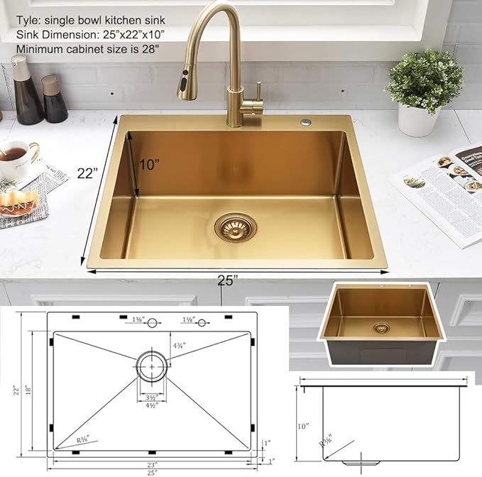 Stainless Steel Gold Kitchen Sink, 25x22 Drop in Kitchen Sink Single Bowl Outdoor Brushed Gold Topmount 16 Gauge Utility RV 10 Inch Deep Basin