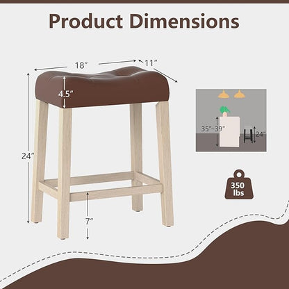 Giantex 24" Bar Stools Set of 4, Upholstered Counter Height Saddle Bar Stools with Footrest and Wood Legs, Farmhouse Faux Leather Backless Barstools for Kitchen Island, Dining Room, Cafe, Brown+Beige