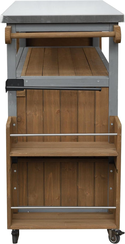MERITLINE Foldable Outdoor Kitchen Island with Stainless Steel Top & Fir Wood Frame, Adjustable Hidden Shelf & Two-Tier Rack, Lockable Casters for Patio, Garden, Balcony, Espresso + Grey