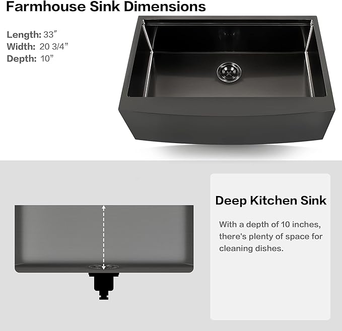 Black Farmhouse Kitchen Sink,16 Gauge 304S Stainless Steel Workstation Farm Sinks with Accessories, 33" x 20" x 10" Large and Deep Single Bowl Apron Front Kitchen Sinks