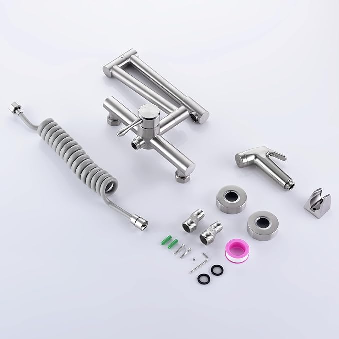 Kitchen Faucet Wall Mount, with Side Sprayer 8 Inch Center, Folding Design for Commercial Use, Stainless Steel Bar Taps