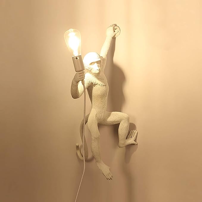 YIYIBYUS Monkey Wall Lamp, Vintage Resin Monkey Form Wall Lamp, Nordic Light Retro Resin Monkey Light Fixture, Modern Wall Lighting E26(Not Included) for Dining Living Room Bedroom (White)
