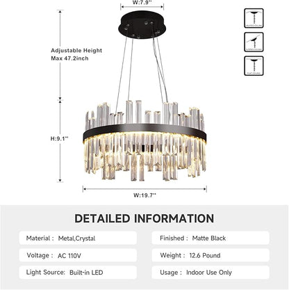 Black Led Modern Crystal Chandelier: 19.7" Round Contemporary 3 Color Dimmable Dining Room Light Fixture over Table - Adjustable Lighting Chandeliers for Bedroom Living Kitchen Island Entryway Foyer