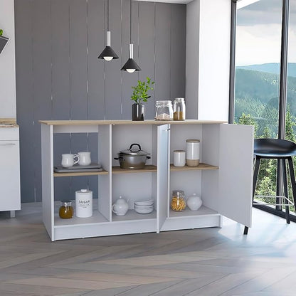 GOWE Juniper Kitchen Island, Four Open Shelves, Two Cabinets -Light Oak/White