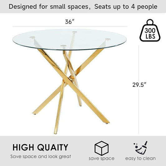 36" Modern Minimalist Round Glass Dining Table,4-Person Luxury Table with Tempered Glass Top & Adjustable Chrome- Metal Legs,for Dining Room, Kitchen & Living Room(Gold)