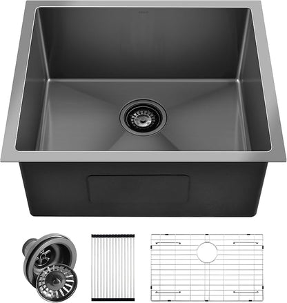 PEPO 23 Inch Undermount Kitchen Sink Black 23x18 Inch 16 Gauge Gunmetal Black Stainless Steel Single Bowl Bar Prep Sink for Outdoor Kitchen