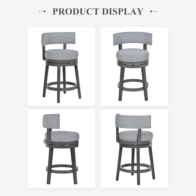 COLAMY Swivel Counter Height Bar Stools Set of 2, 25 Inch Modern Upholstered Kitchen Island Barstools with Back, Wood Swivel Bar Chairs for Counter Bar Dining Room, Grey