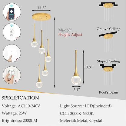 Crystal Chandelier for Dining Room Glam 5 Light Cluster Crystal Pendant Light Dimmable LED Chandeliers for Kitchen Island Living Room Gold