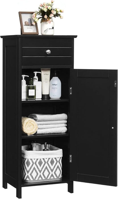 Bathroom Floor Cabinet, Freestanding Side Floor Storage Cabinet, 1 Large Drawer and 2 Adjustable Shelves, Modern Storage Cabinet Bathroom Storage Cabinet for Narrow Space (Black)