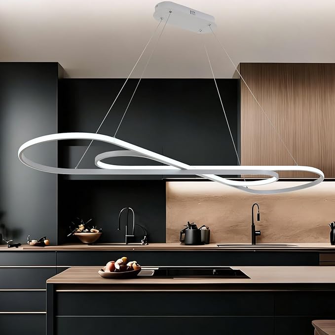 White LED Chandelier Lighting Fixture Minimalist Wave Design with Remote for Living Room Dining Room Kitchen Island Bedroom